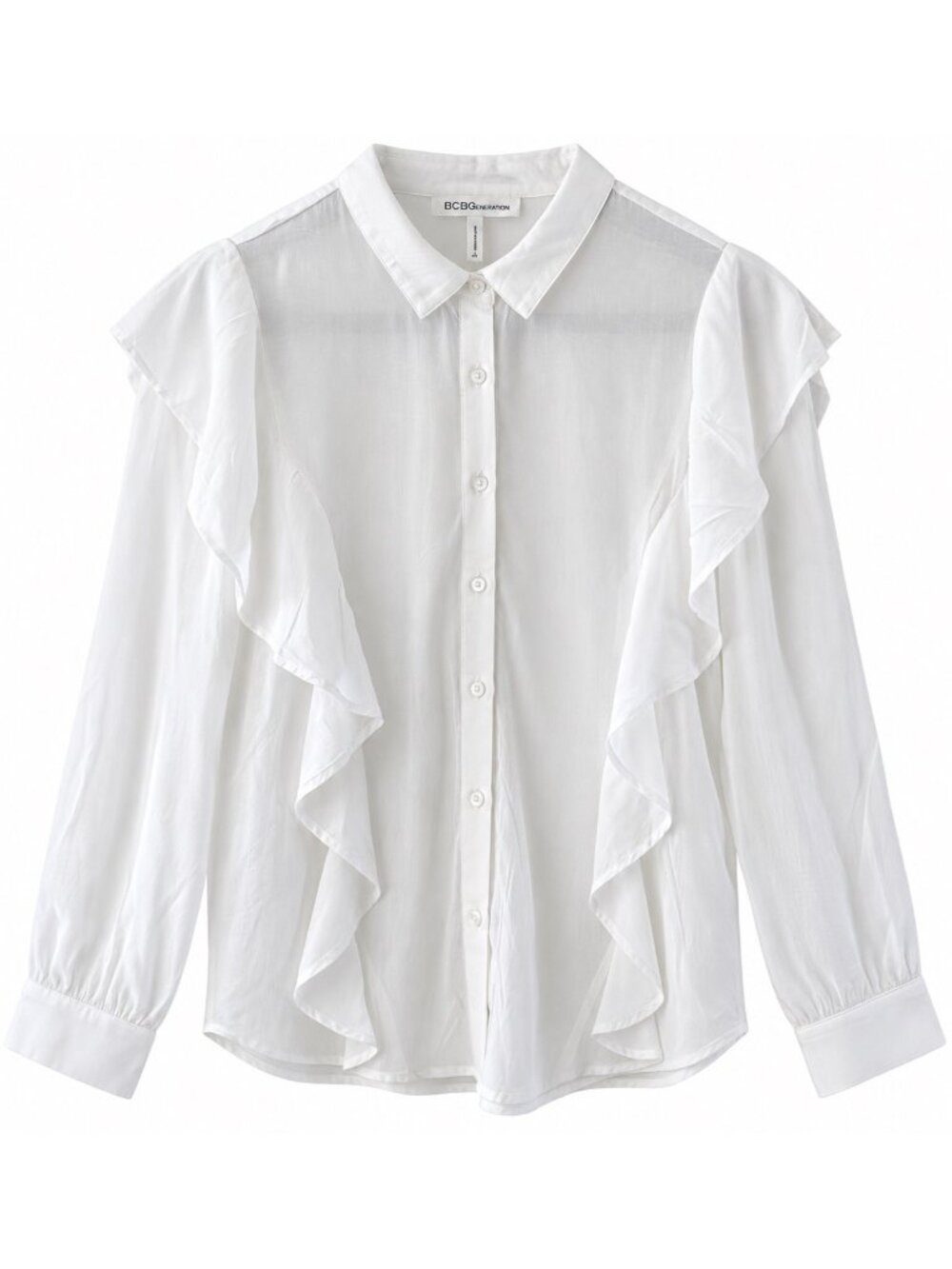 BCBGeneration Womens White Ruffle Button-Down Blouse Size M 100% Rayon MSRP $98
